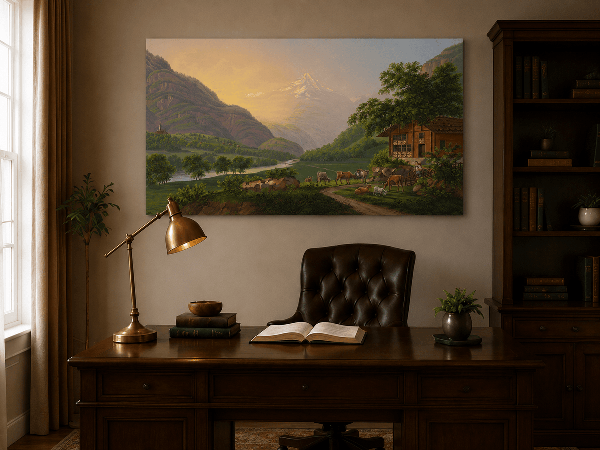 Landscape Oil Painting - Alpine River Valley with Cows and Chalet