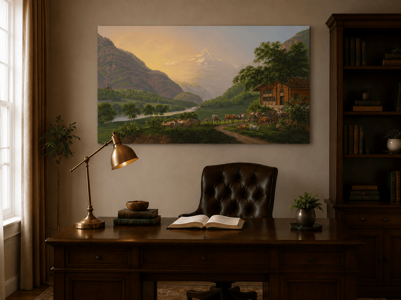 Landscape Oil Painting - Alpine River Valley with Cows and Chalet