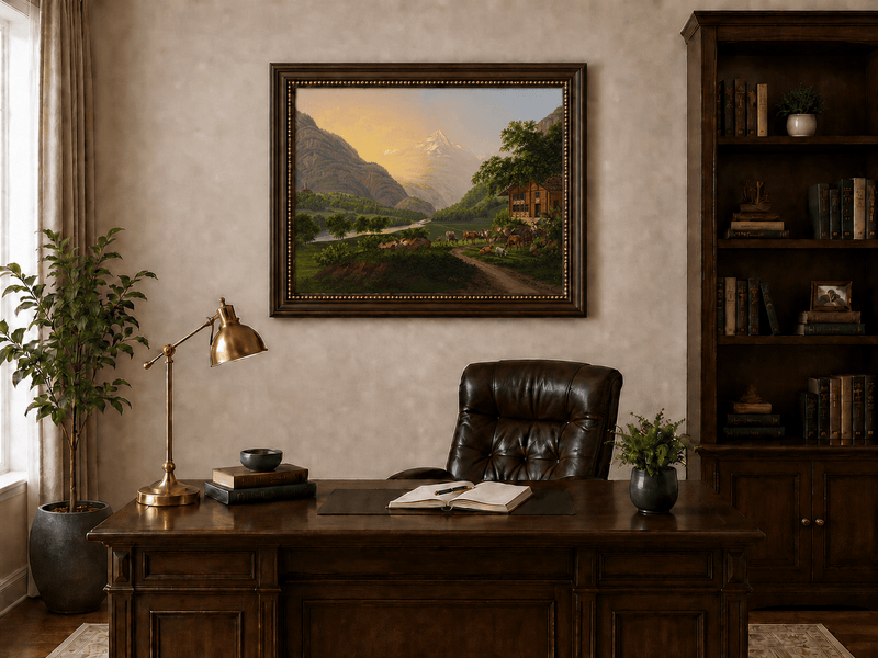 Landscape Oil Painting - Alpine River Valley with Cows and Chalet