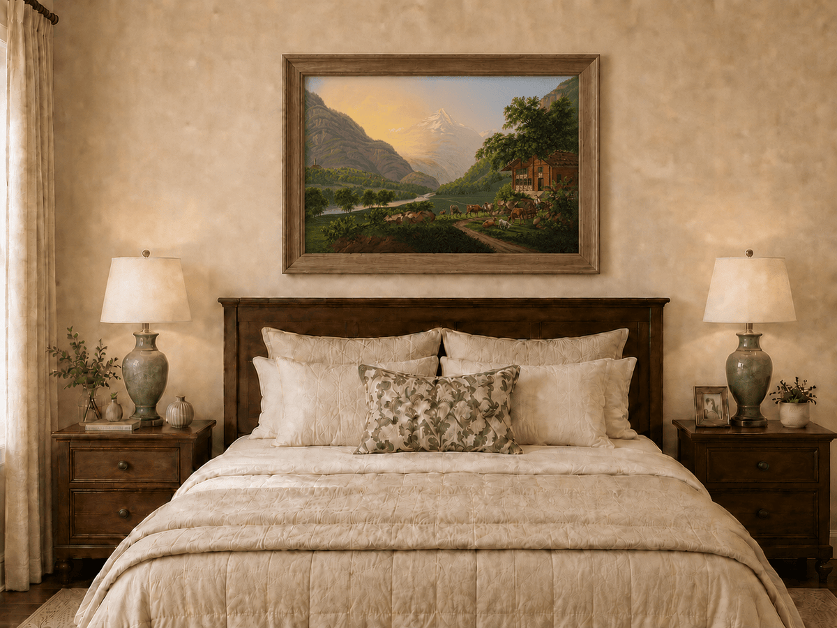 Landscape Oil Painting - Alpine River Valley with Cows and Chalet
