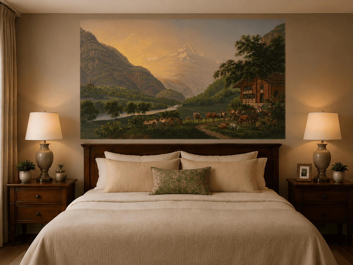Landscape Oil Painting - Alpine River Valley with Cows and Chalet