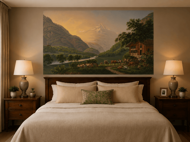 Landscape Oil Painting - Alpine River Valley with Cows and Chalet