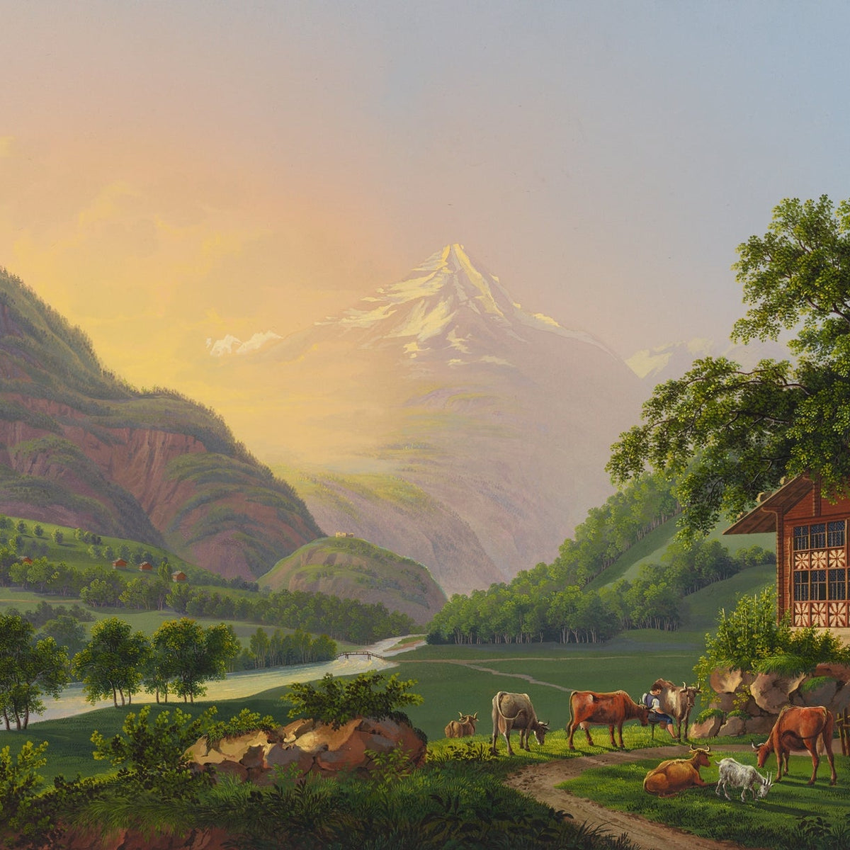 Hand-painted alpine river valley with cows and chalet landscape oil painting on canvas