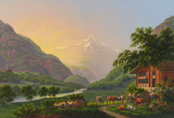 Hand-painted alpine river valley with cows and chalet landscape oil painting on canvas