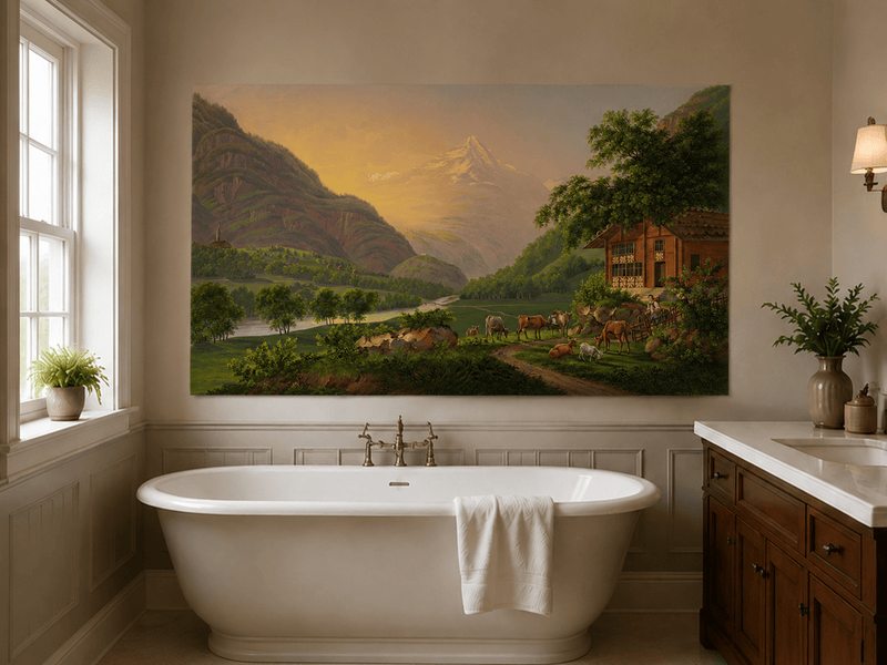 Landscape Oil Painting - Alpine River Valley with Cows and Chalet