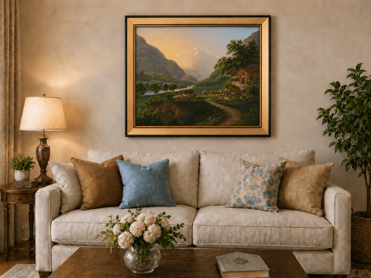 Landscape Oil Painting - Alpine River Valley with Cows and Chalet