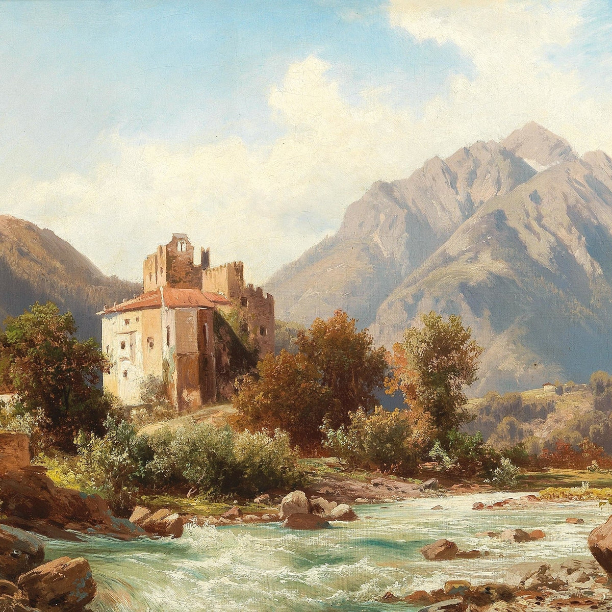 Landscape Oil Painting - Alpine Riverside Castle and Mountain Peaks - Oil Painting Haven