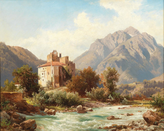Landscape Oil Painting - Alpine Riverside Castle and Mountain Peaks - Oil Painting Haven