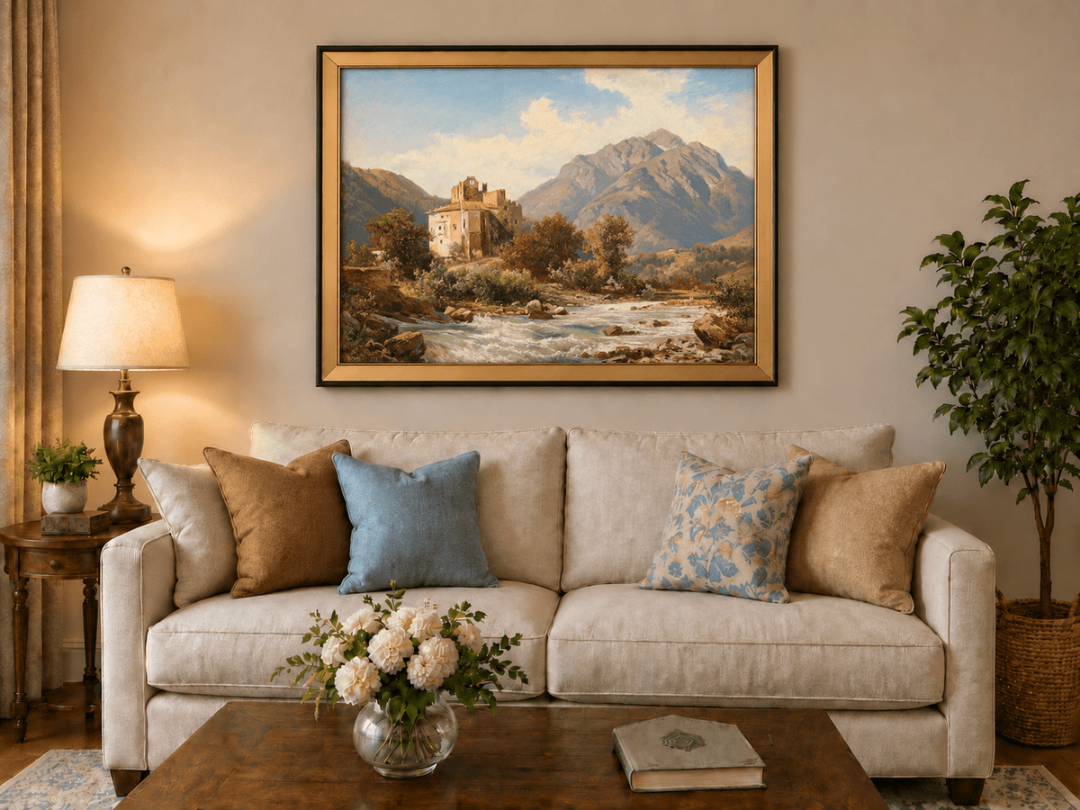Peinture à l'huile de paysage - Gouffre rocheux spectaculaire avec personnages
