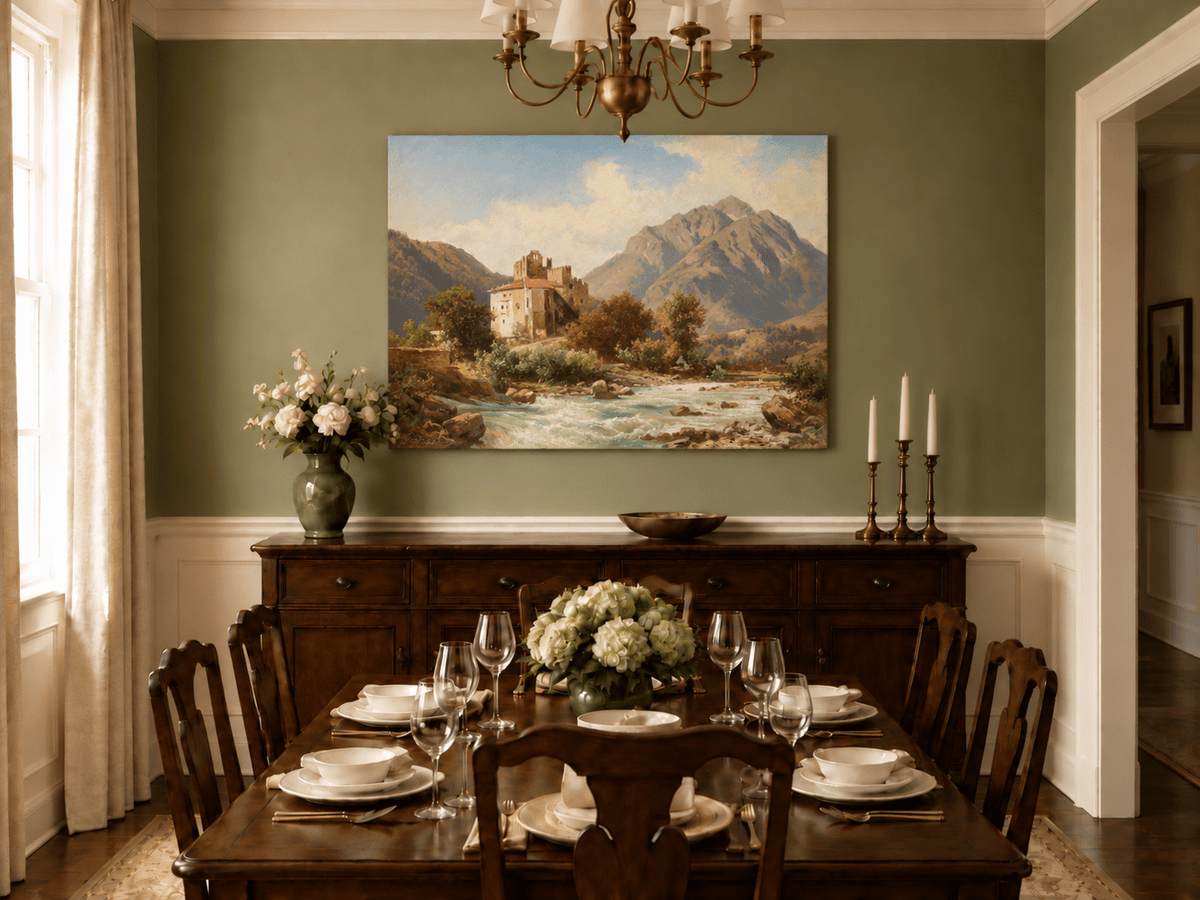 Peinture à l'huile de paysage - Gouffre rocheux spectaculaire avec personnages