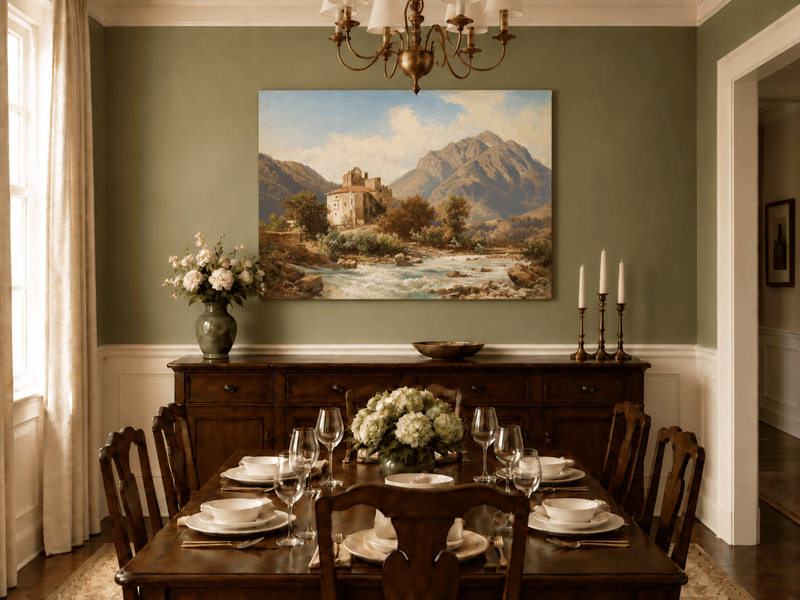 Peinture à l'huile de paysage - Gouffre rocheux spectaculaire avec personnages