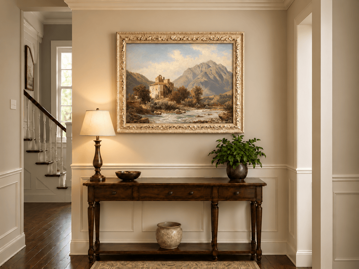 Peinture à l'huile de paysage - Gouffre rocheux spectaculaire avec personnages