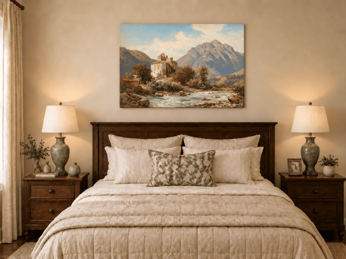 Peinture à l'huile de paysage - Gouffre rocheux spectaculaire avec personnages