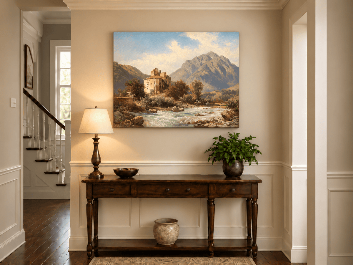 Peinture à l'huile de paysage - Gouffre rocheux spectaculaire avec personnages
