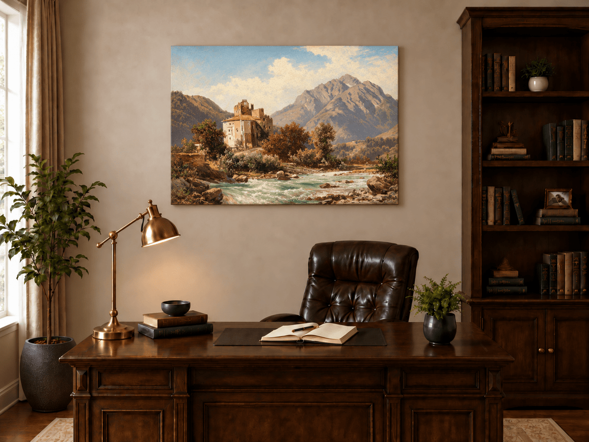Peinture à l'huile de paysage - Gouffre rocheux spectaculaire avec personnages