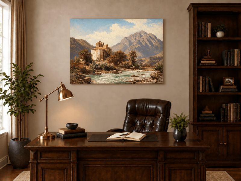 Peinture à l'huile de paysage - Gouffre rocheux spectaculaire avec personnages