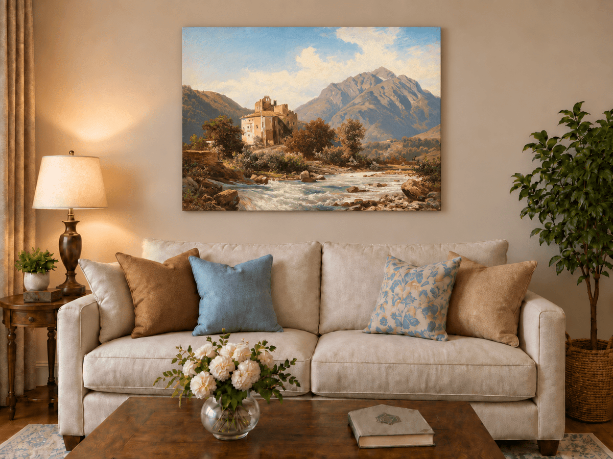 Peinture à l'huile de paysage - Gouffre rocheux spectaculaire avec personnages
