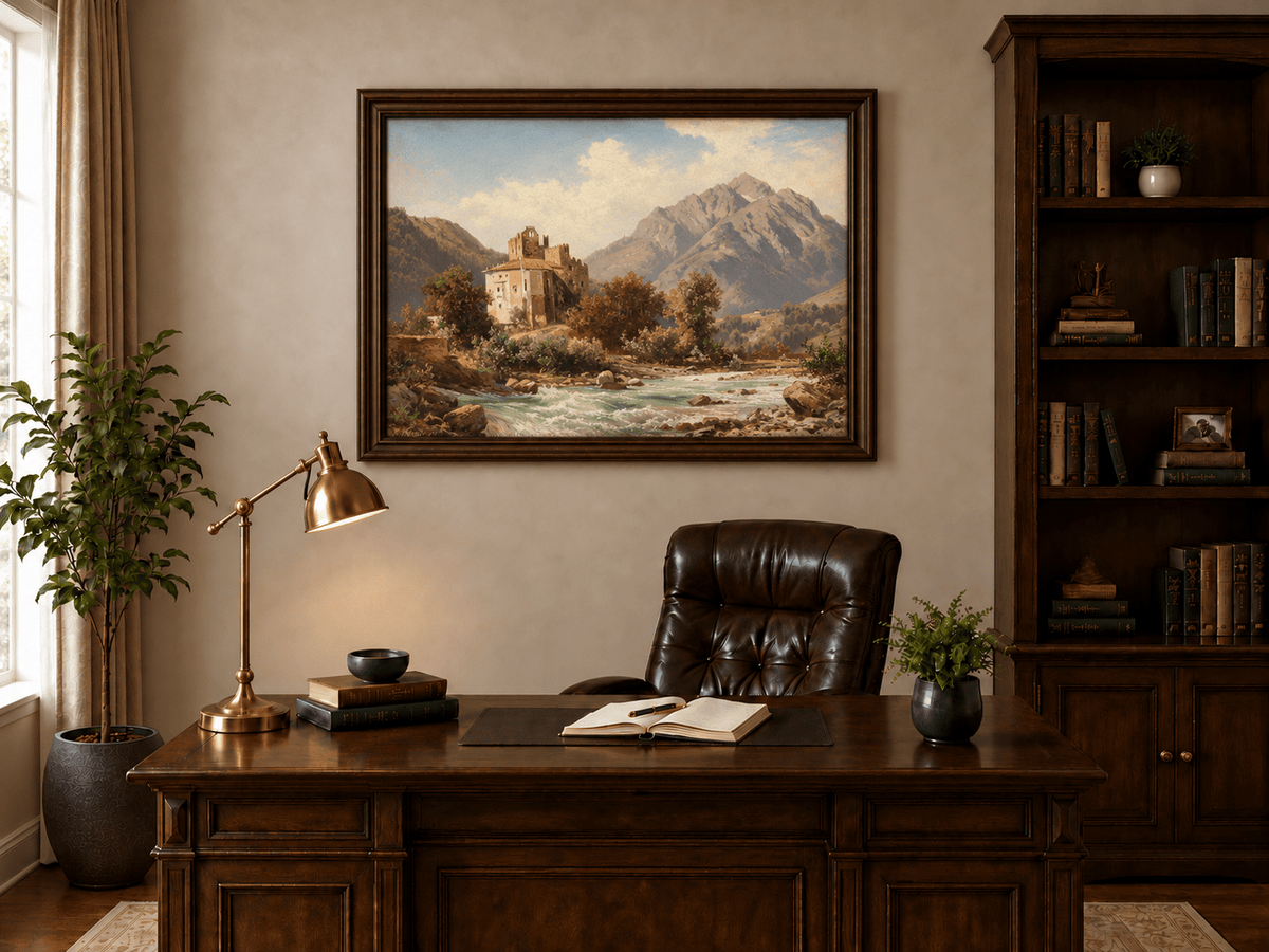 Peinture à l'huile de paysage - Gouffre rocheux spectaculaire avec personnages