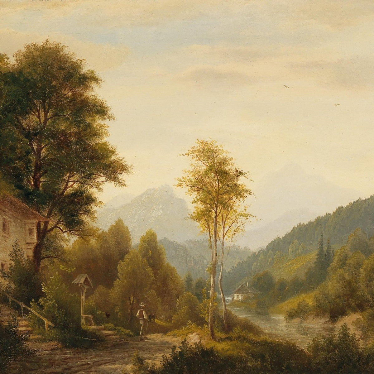 Landscape Oil Painting - Alpine Riverside Cottage Valley Scene - Oil Painting Haven