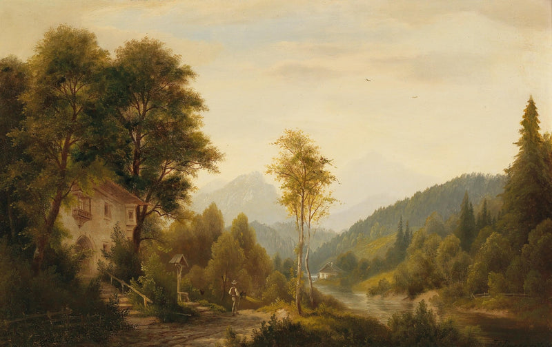 Landscape Oil Painting - Alpine Riverside Cottage Valley Scene - Oil Painting Haven