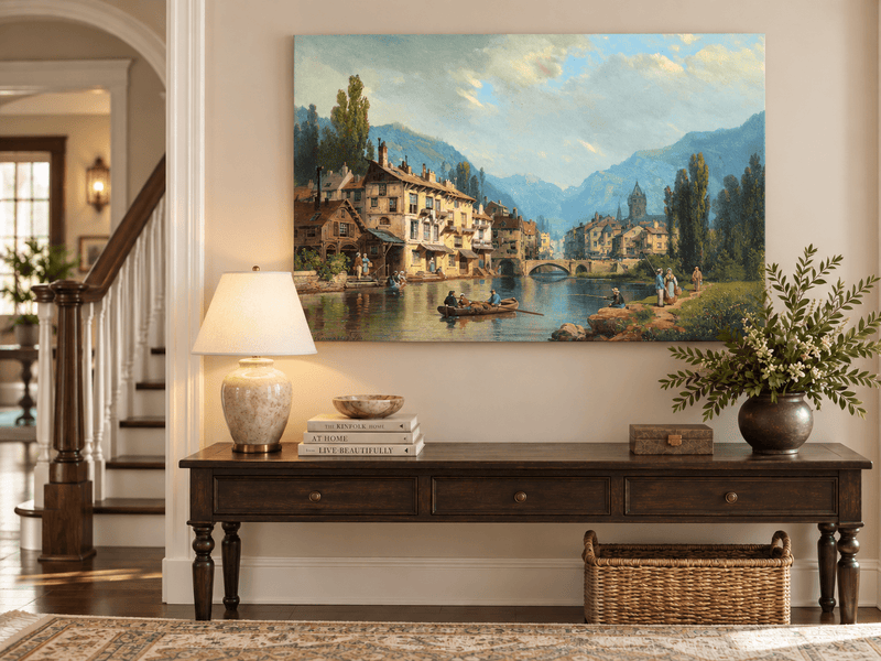 Landscape Oil Painting - Alpine Riverside Town with Boats