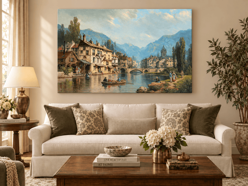 Landscape Oil Painting - Alpine Riverside Town with Boats