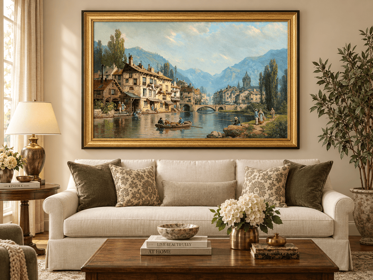 Landscape Oil Painting - Alpine Riverside Town with Boats