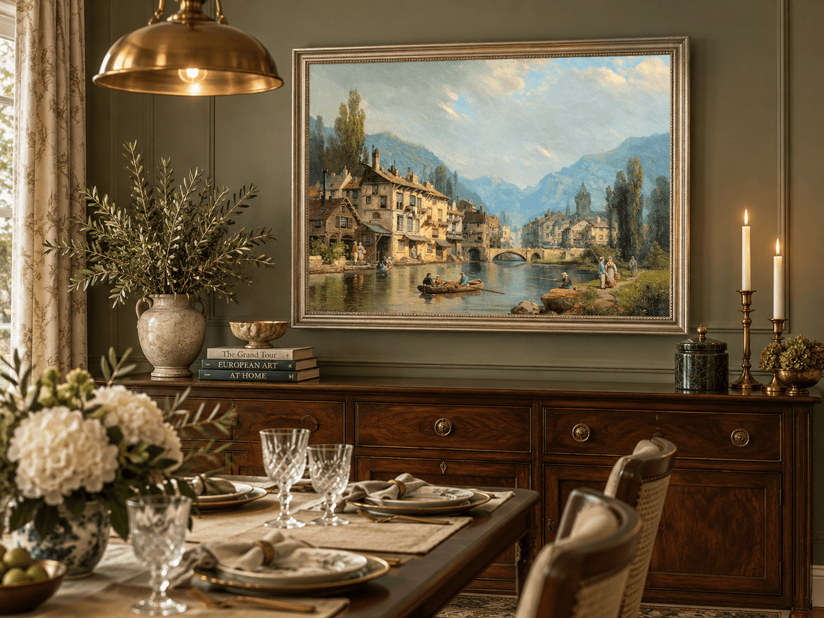 Landscape Oil Painting - Alpine Riverside Town with Boats