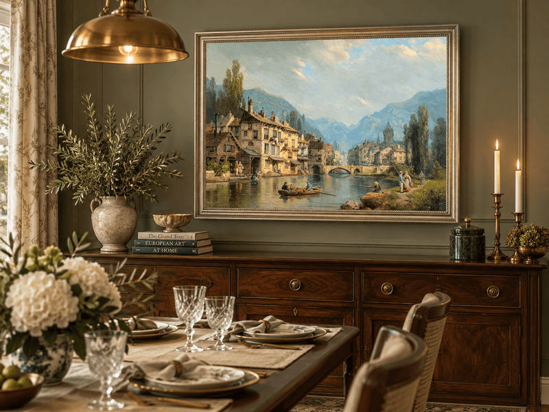 Landscape Oil Painting - Alpine Riverside Town with Boats