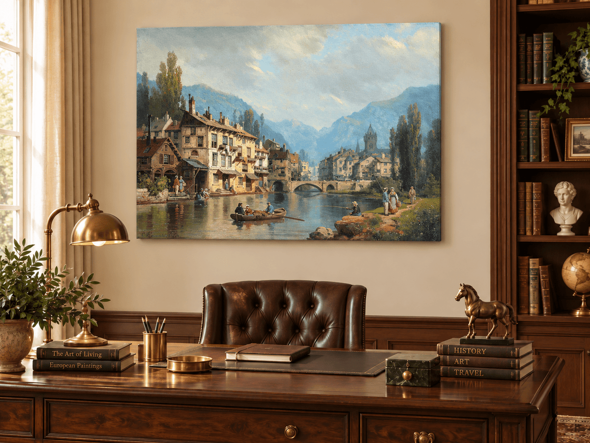 Landscape Oil Painting - Alpine Riverside Town with Boats
