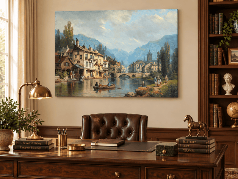 Landscape Oil Painting - Alpine Riverside Town with Boats