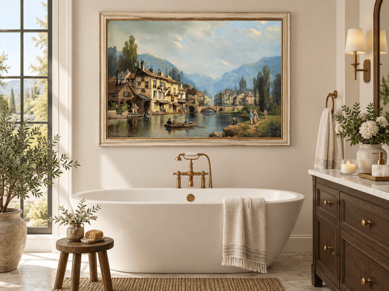Landscape Oil Painting - Alpine Riverside Town with Boats