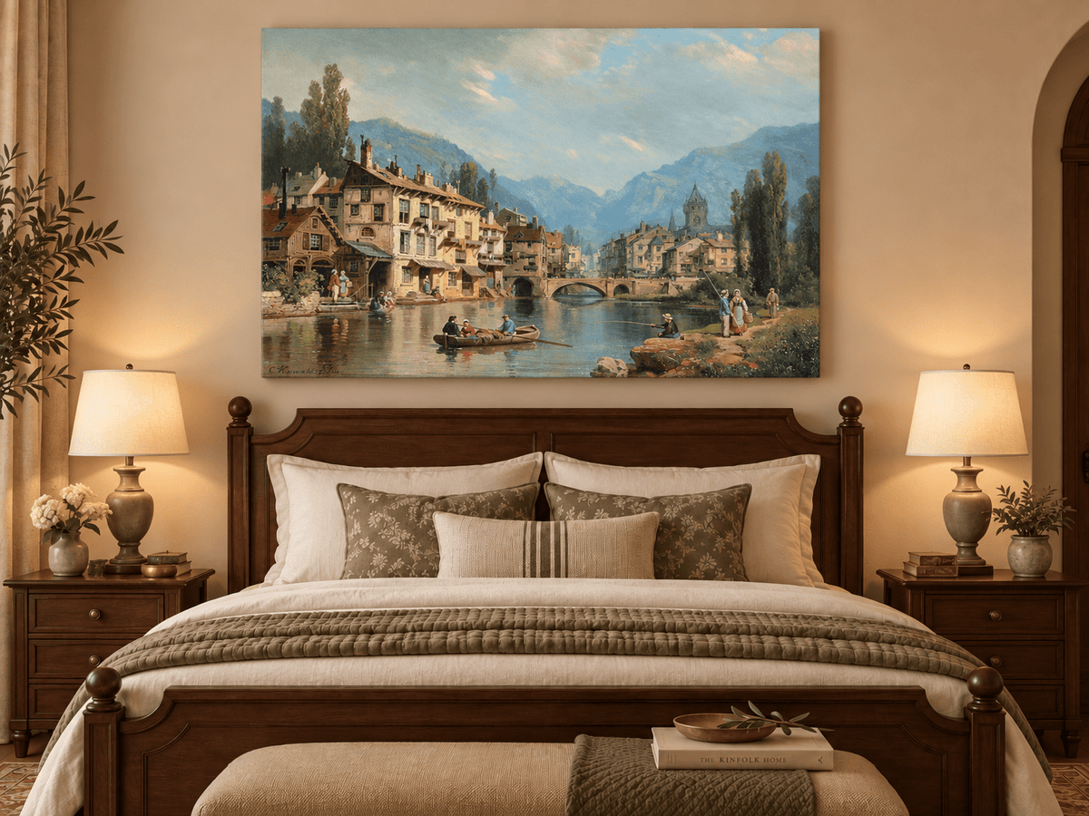 Landscape Oil Painting - Alpine Riverside Town with Boats