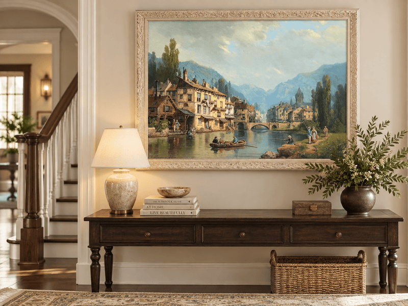 Landscape Oil Painting - Alpine Riverside Town with Boats