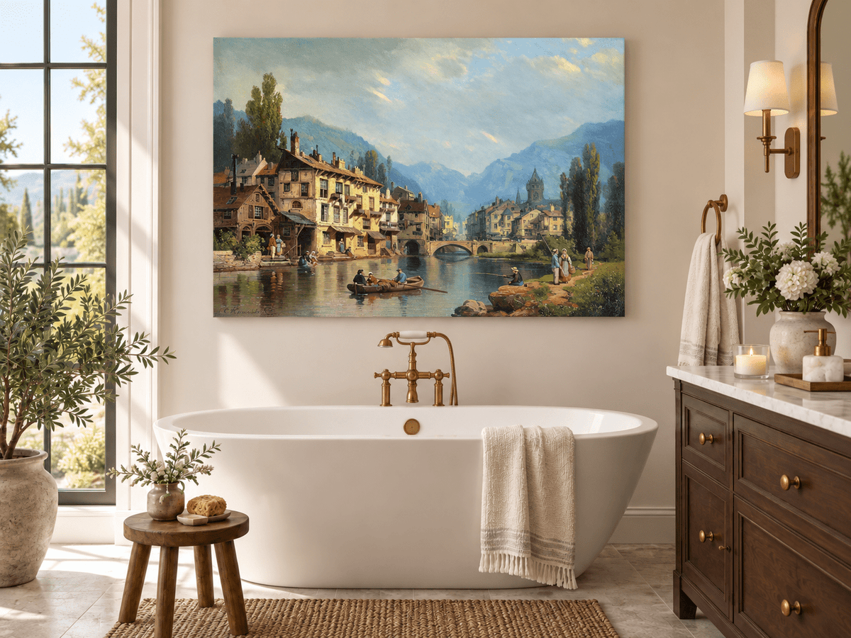 Landscape Oil Painting - Alpine Riverside Town with Boats