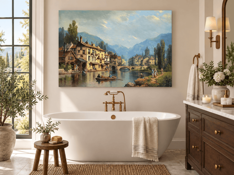 Landscape Oil Painting - Alpine Riverside Town with Boats