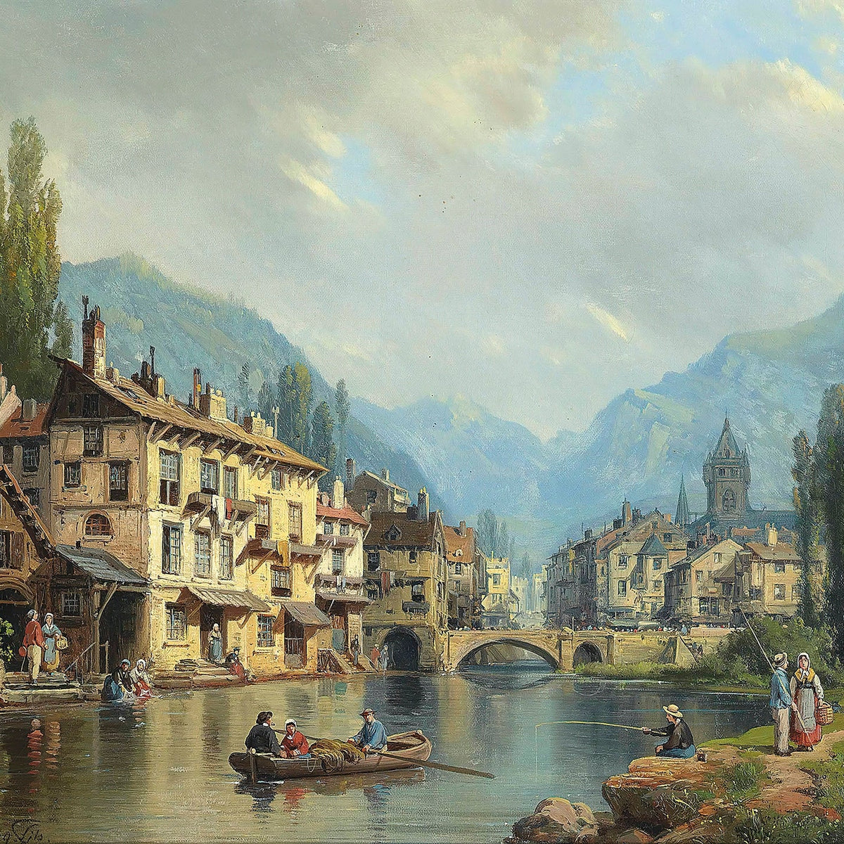 Hand-painted alpine riverside town with boats landscape oil painting on canvas
