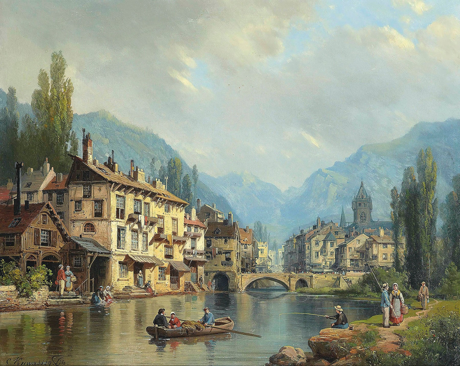 Landscape Oil Painting - Alpine Riverside Town with Boats - Oil Painting Haven