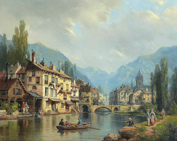 Hand-painted alpine riverside town with boats landscape oil painting on canvas