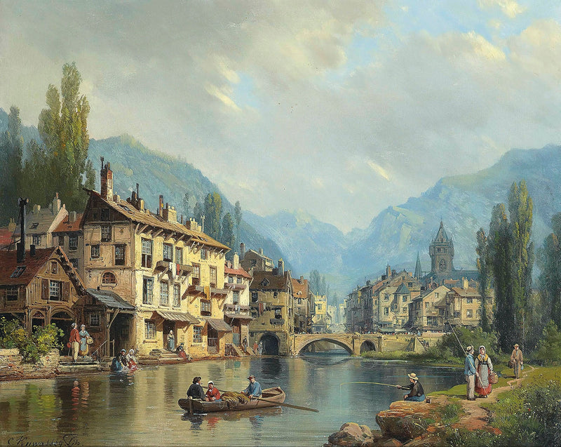 Hand-painted alpine riverside town with boats landscape oil painting on canvas