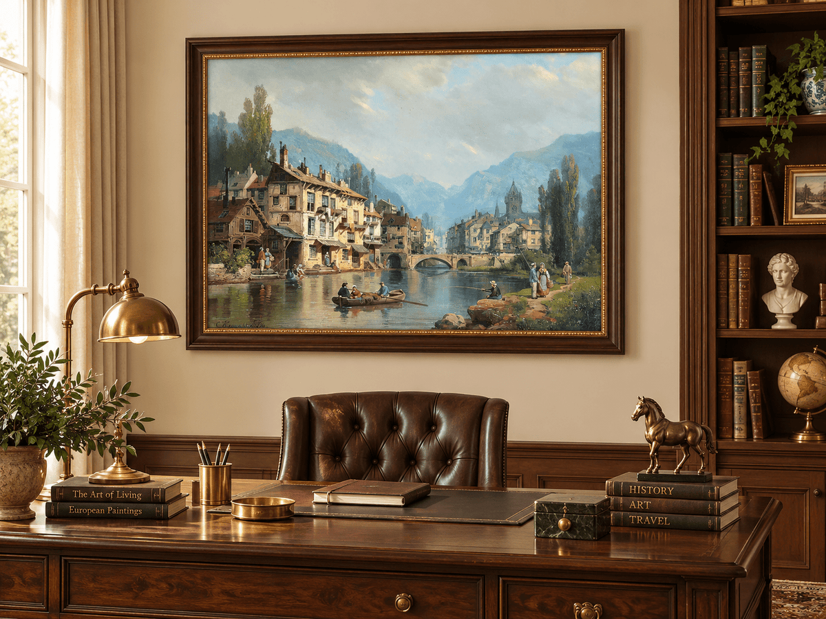 Landscape Oil Painting - Alpine Riverside Town with Boats