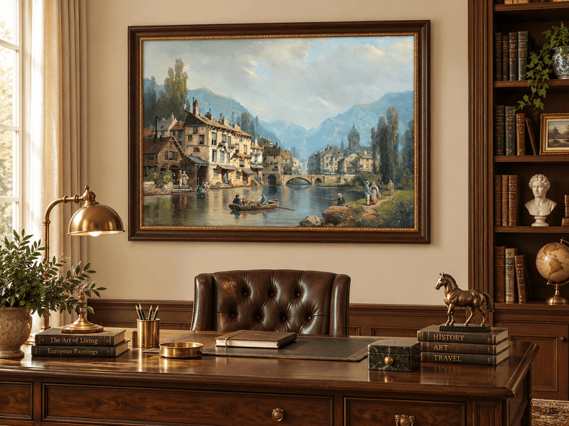 Landscape Oil Painting - Alpine Riverside Town with Boats