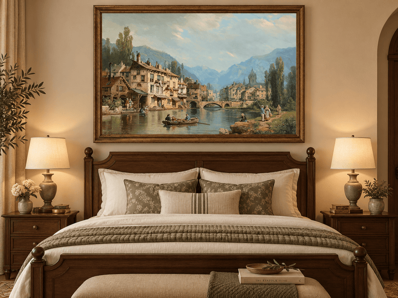 Landscape Oil Painting - Alpine Riverside Town with Boats
