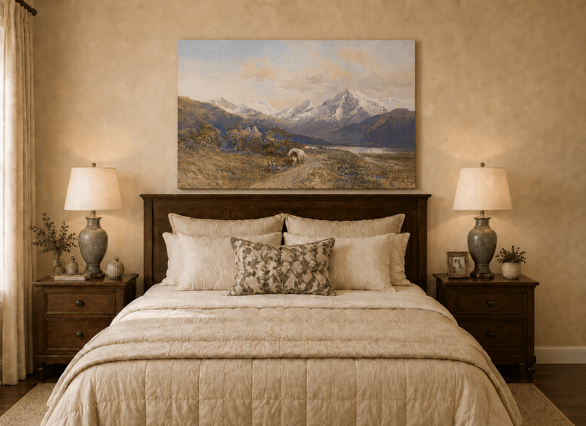 Peinture à l'huile de paysage - Scène de rivière hivernale avec personnages et chevaux