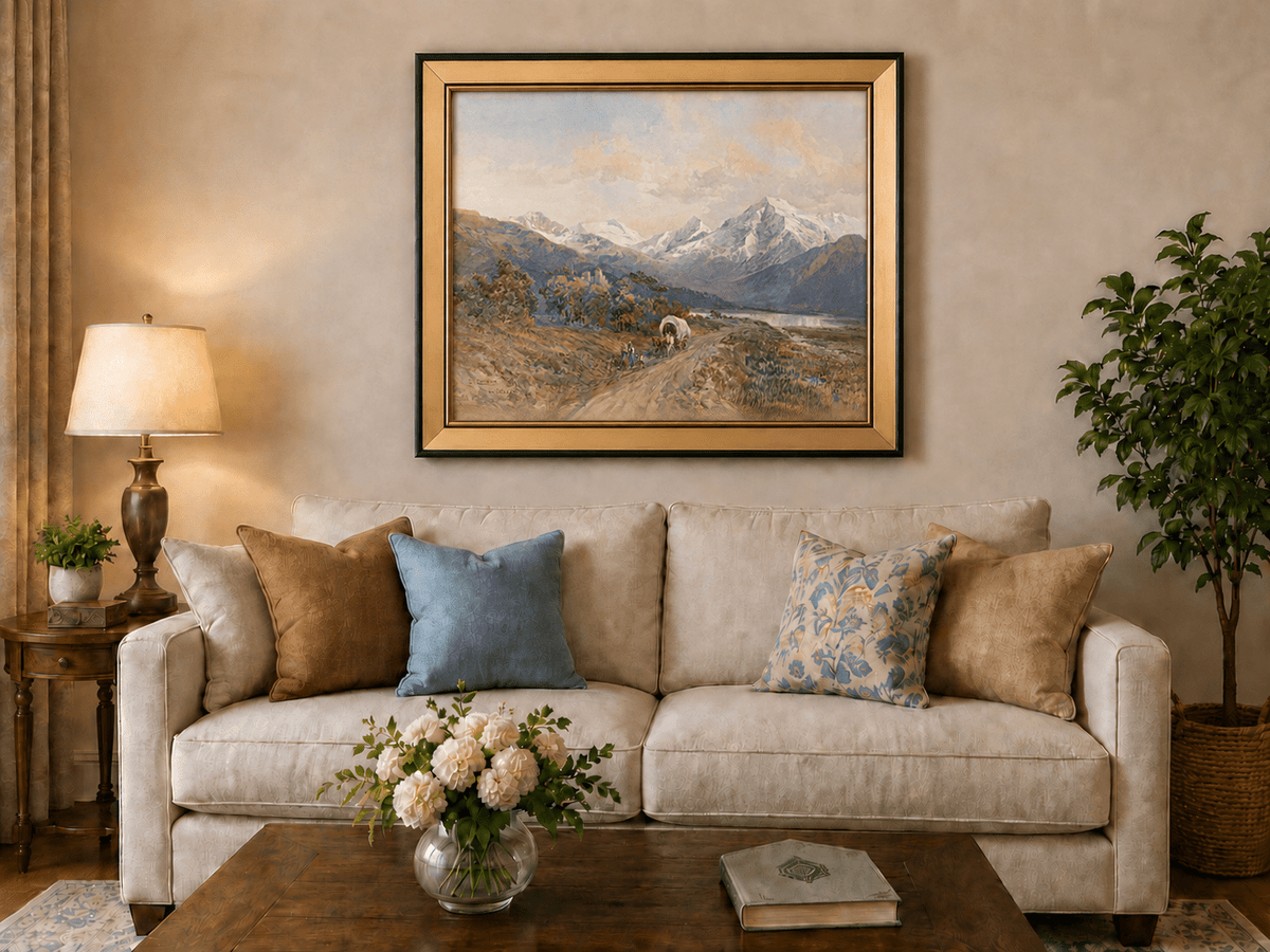 Peinture à l'huile de paysage - Scène de rivière hivernale avec personnages et chevaux