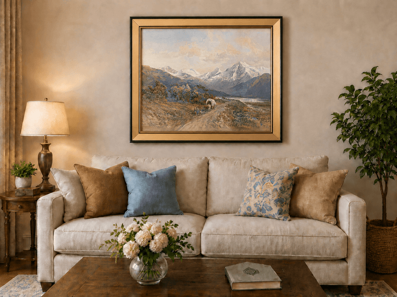 Peinture à l'huile de paysage - Scène de rivière hivernale avec personnages et chevaux
