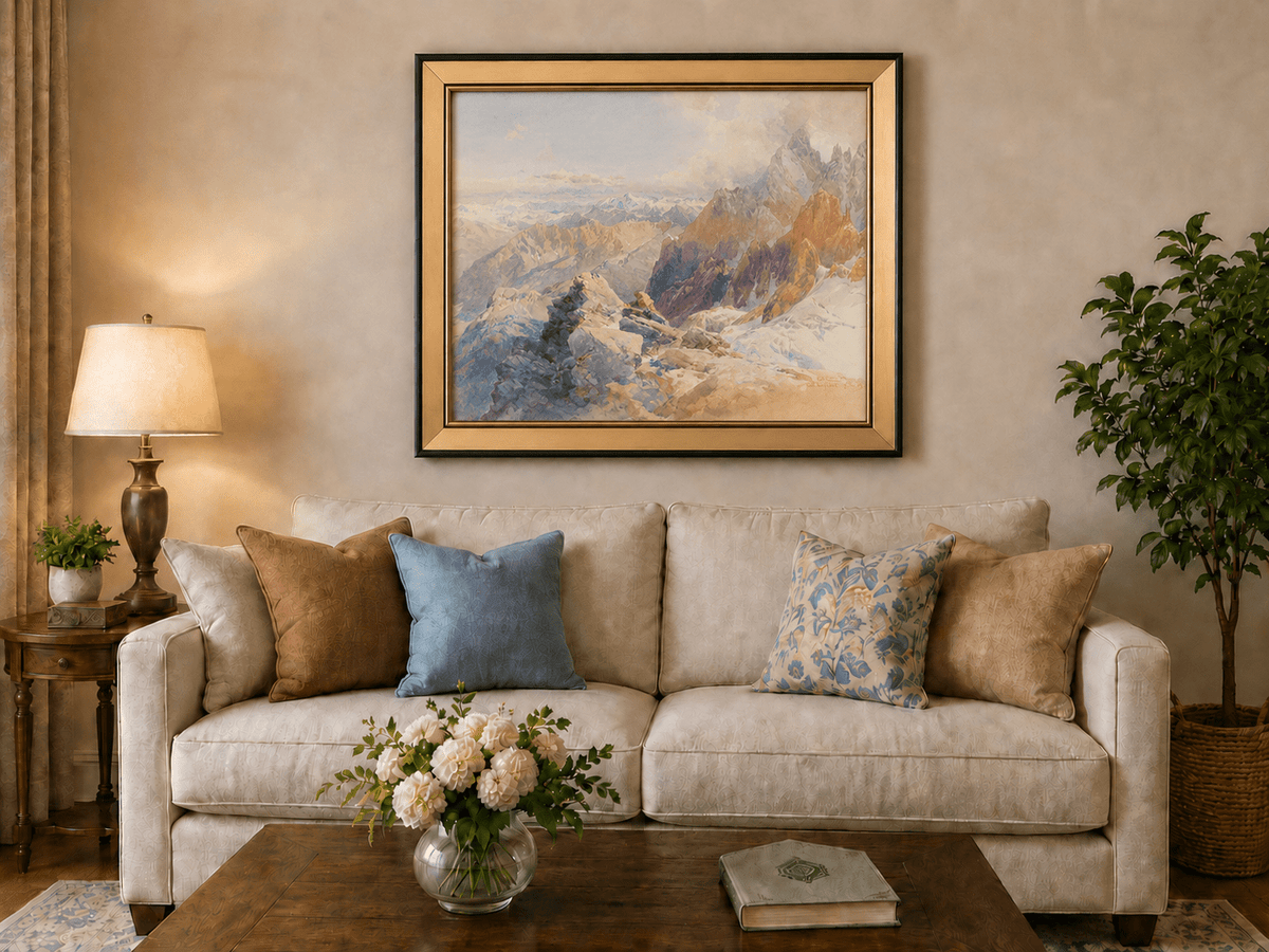 Peinture à l'huile de paysage - Pics rocheux alpins et chaînes de montagnes enneigées