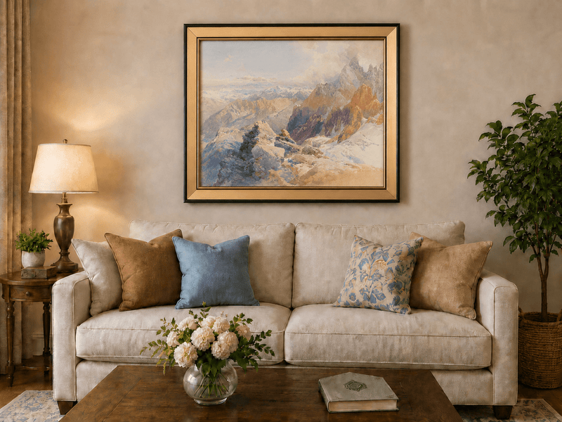 Peinture à l'huile de paysage - Pics rocheux alpins et chaînes de montagnes enneigées
