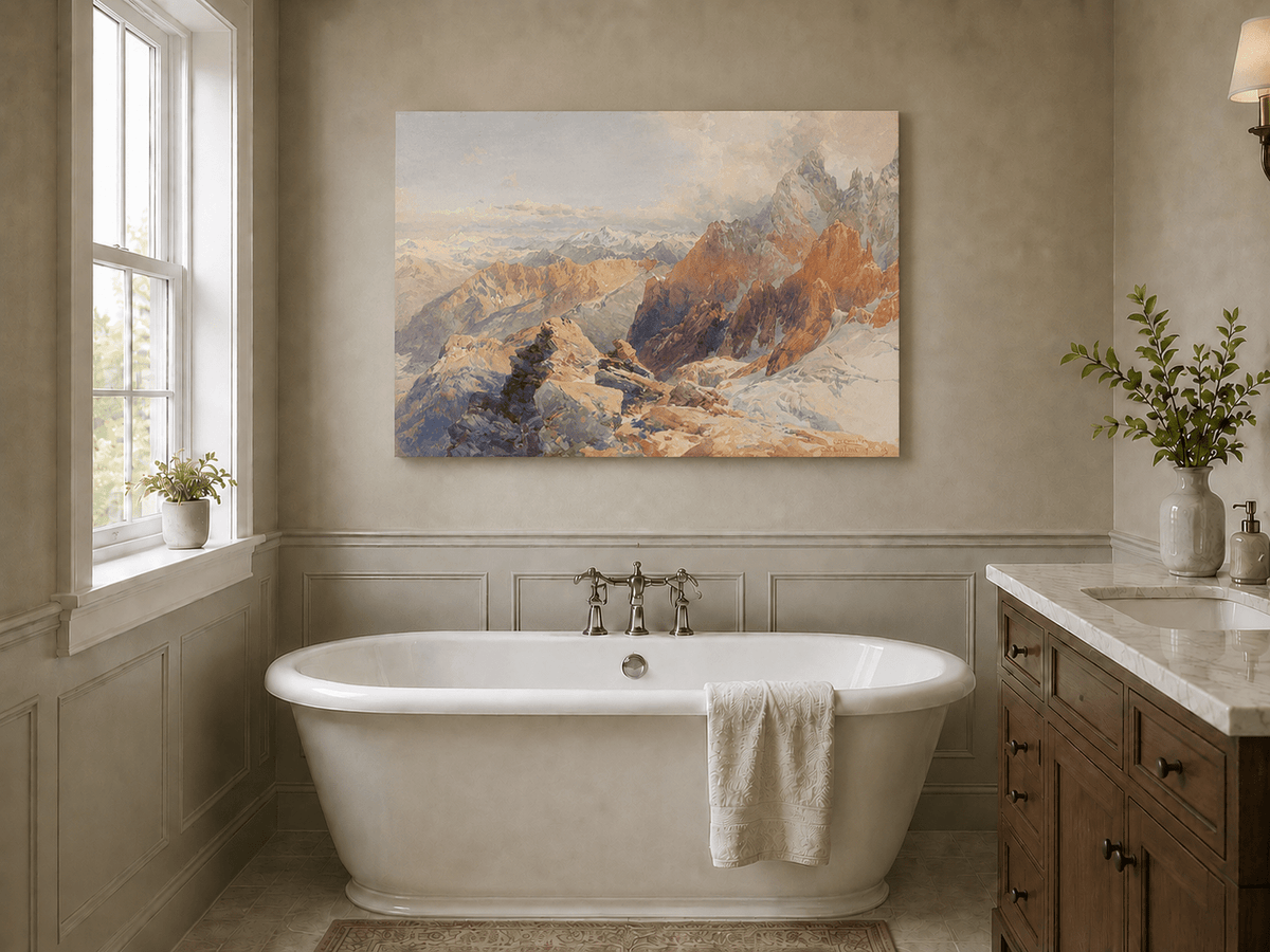 Peinture à l'huile de paysage - Pics rocheux alpins et chaînes de montagnes enneigées