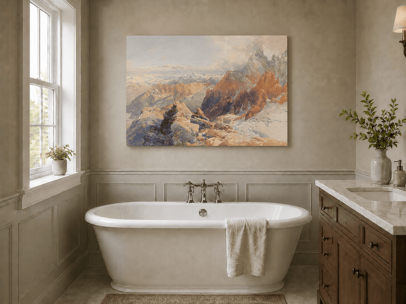 Peinture à l'huile de paysage - Pics rocheux alpins et chaînes de montagnes enneigées